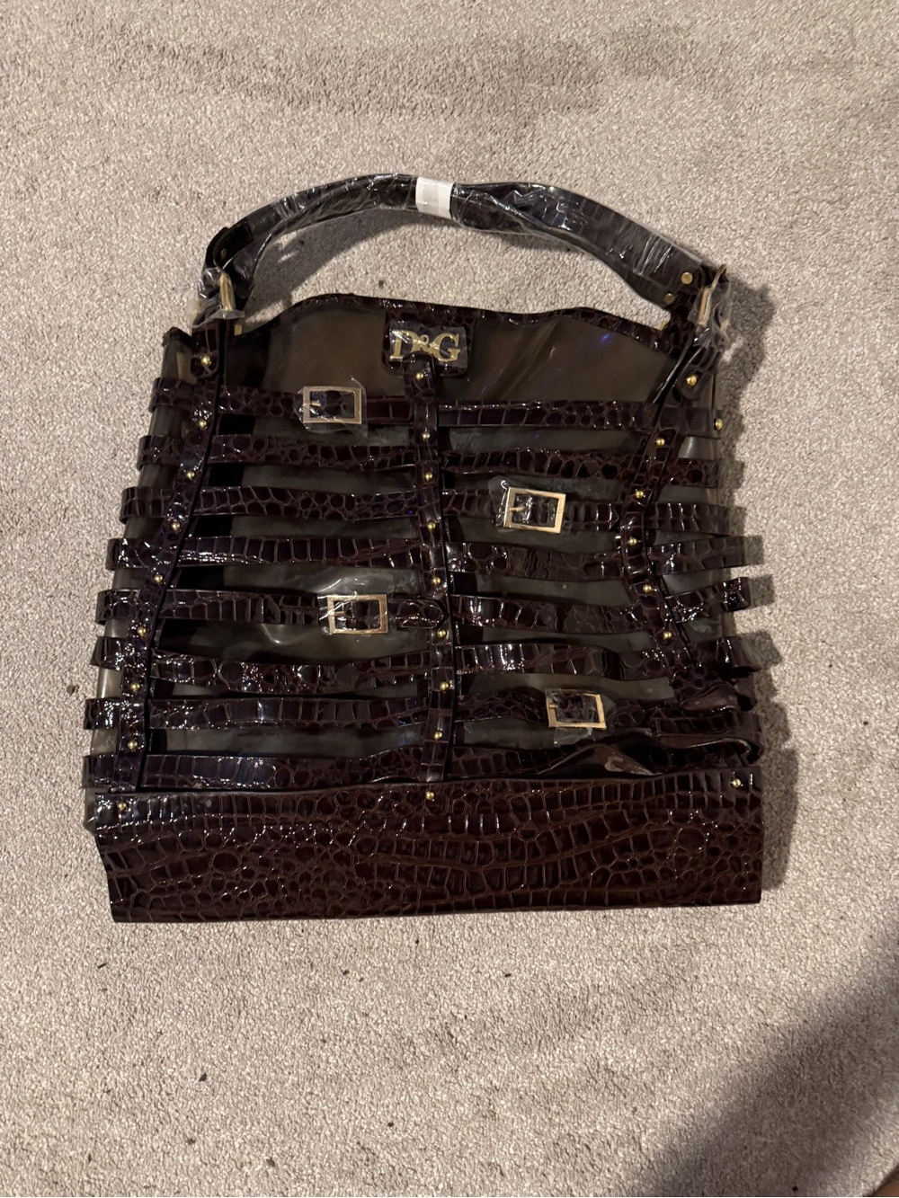 D&G Women’s Dark Brown Croc-Embossed Buckle Shoulder Bag with Gold Hardware
